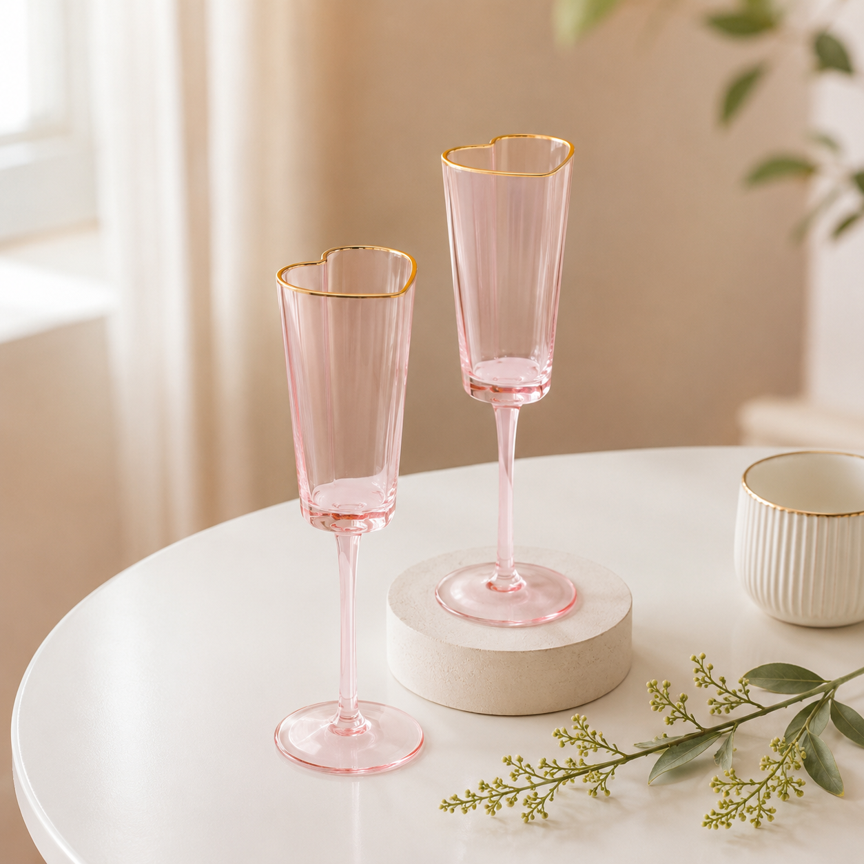 Gold Rimmed Rose Heart Champagne Flute Stemware