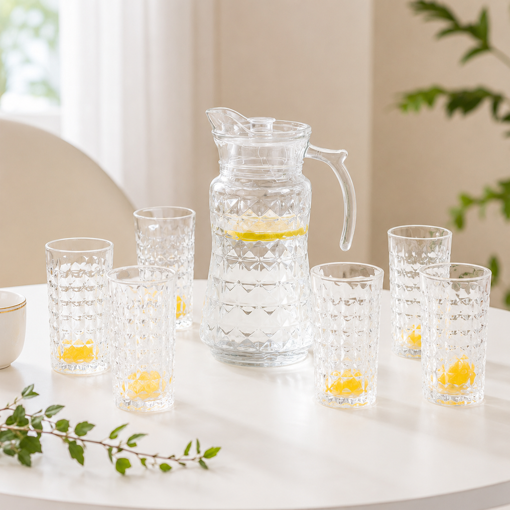 Refined Cut Glass Jug With 6 Pc Tumbler