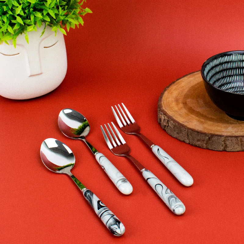 Spoon & Fork Set - White & Black Marble Tone