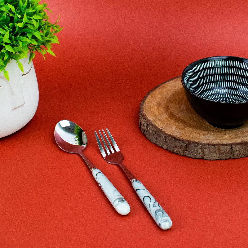 Spoon & Fork Set - White & Black Marble Tone