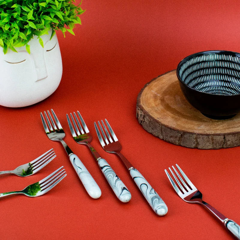 Spoon & Fork Set - White & Black Marble Tone