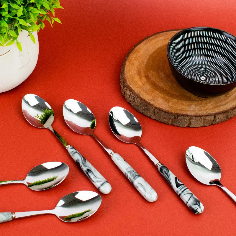 Spoon & Fork Set - White & Black Marble Tone