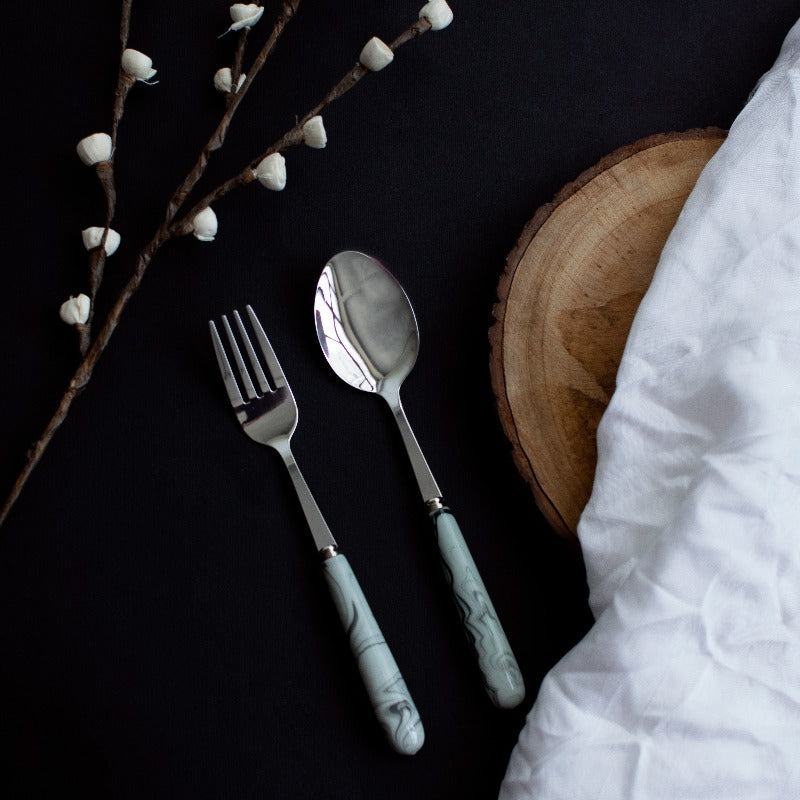 Spoon & Fork Set - White & Black Marble Tone