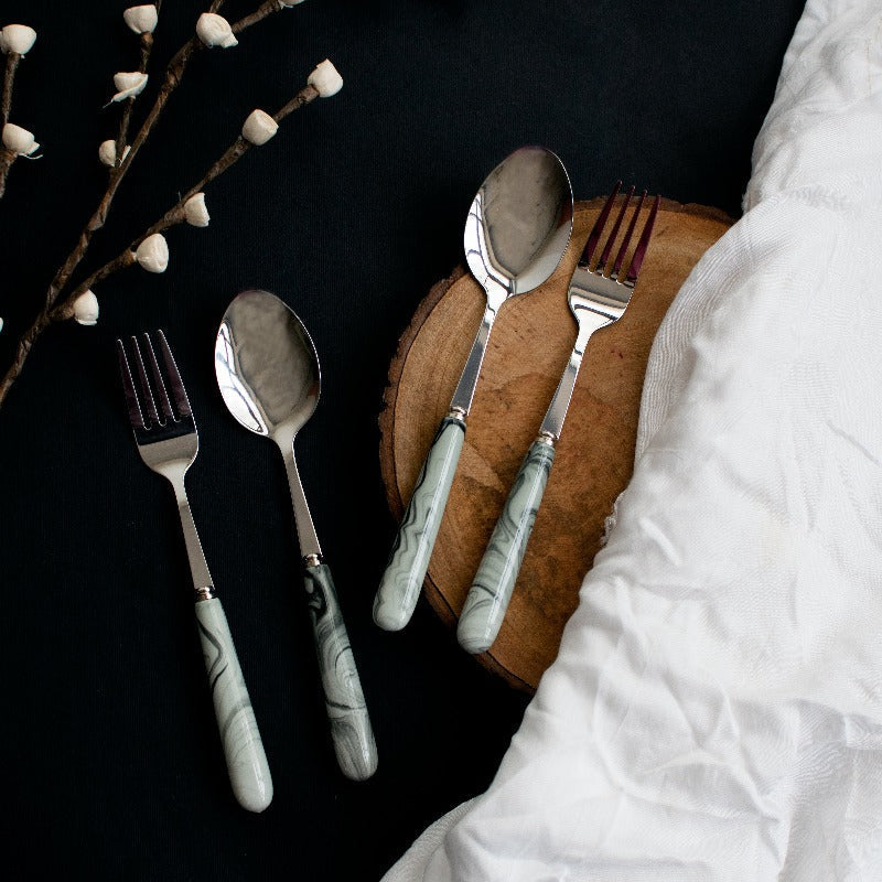 Spoon & Fork Set - White & Black Marble Tone