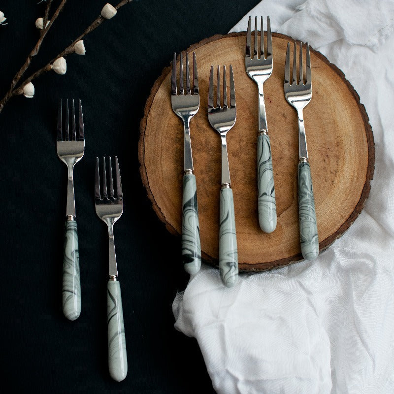Spoon & Fork Set - White & Black Marble Tone